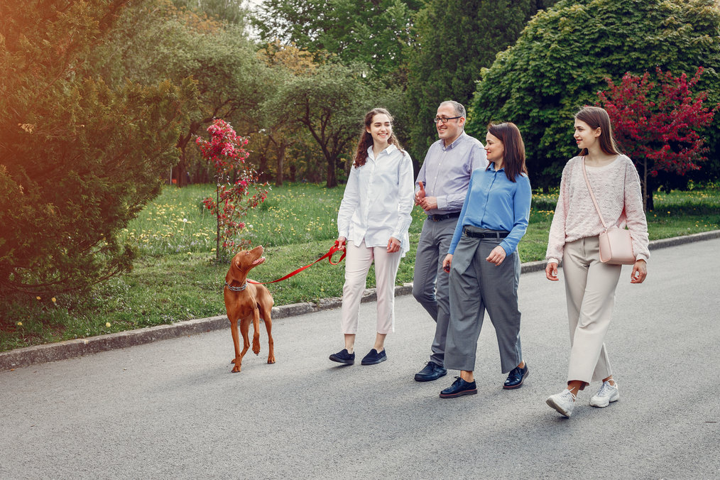 People walking with a dog.
